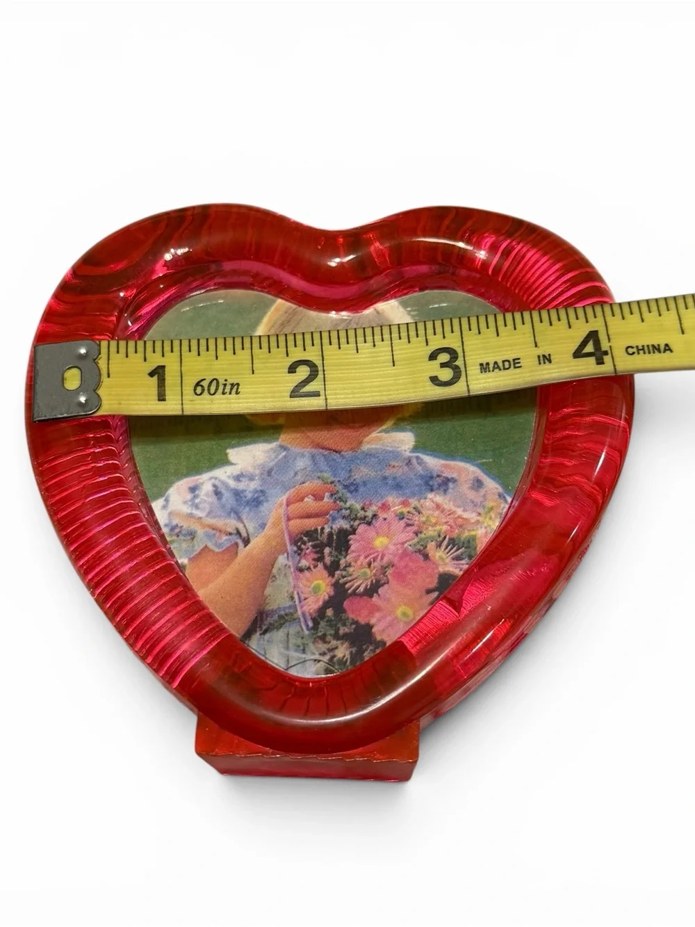 Vintage Pink Heart Shaped Resin Photo Frame 4” Freestanding Display with Box
